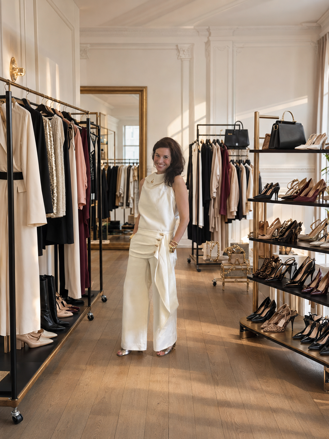 Molly Sigourney smiling in an ivory look inside a luxury fashion studio with clothing racks and shoe displays
