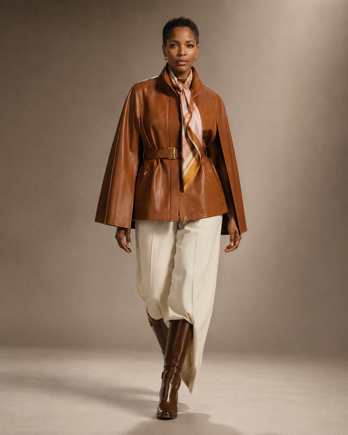Woman in a cognac leather cape and ivory tailoring